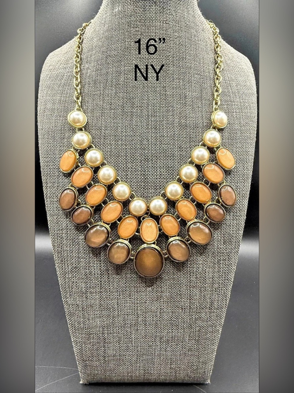 New York & Co NY Gold Tone Faux Pearl Neutral Ombre Cabochon Bib Necklace